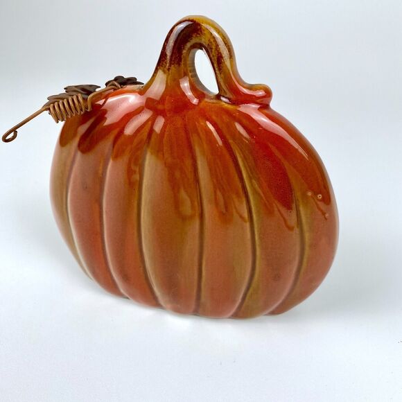 Ceramic Pumpkin with Metal Leaf Fun Festive Home Decoration Shelf Sitter 5.25" - Picture 5 of 12